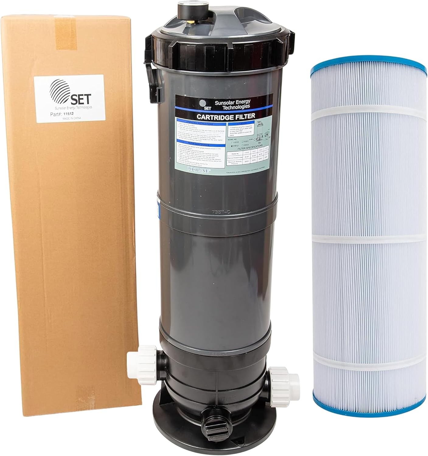 SET SunSolar Energy Technologies Pool Cartridge Filter System 90SF Filter Area for Pools up to 15 000 Gallons. Union Fittings for 1.5" Pipe Included.
