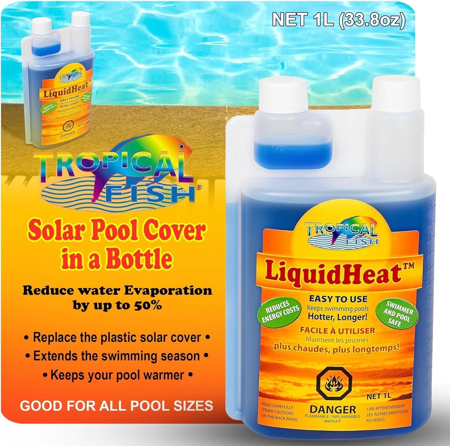 TROPICAL FISH LIQUID SOLAR BLANKET - Liquid Heat - Solar Pool Cover in a Bottle -Reduce Evaporation, Conserve Heat- 1L(33.8oz)
