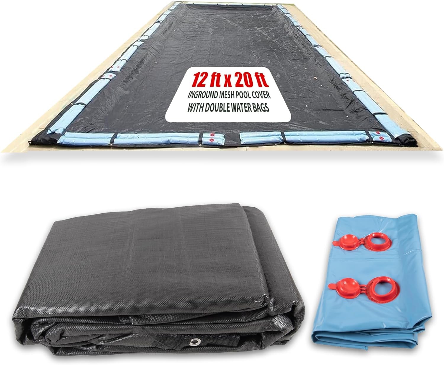 SET SunSolar Energy Technologies- MESH InGround Winter Pool Cover for 12x20 Foot Rectanglel Swimming Pool - Winter Pool Cover has durable Loops 8-Yr warranty. 8ft Double Water Bags Included.