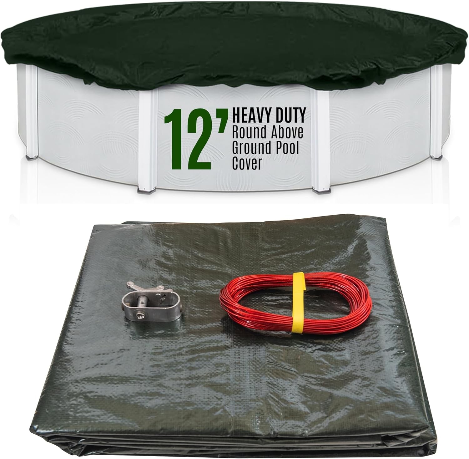 SET SunSolar Energy Technologies-  Heavy Duty series Above Ground Solid Pool Cover for 12 Foot Round Swimming Pool - Winter Pool Cover with Sturdy Cable and Winch 12-Yr warranty