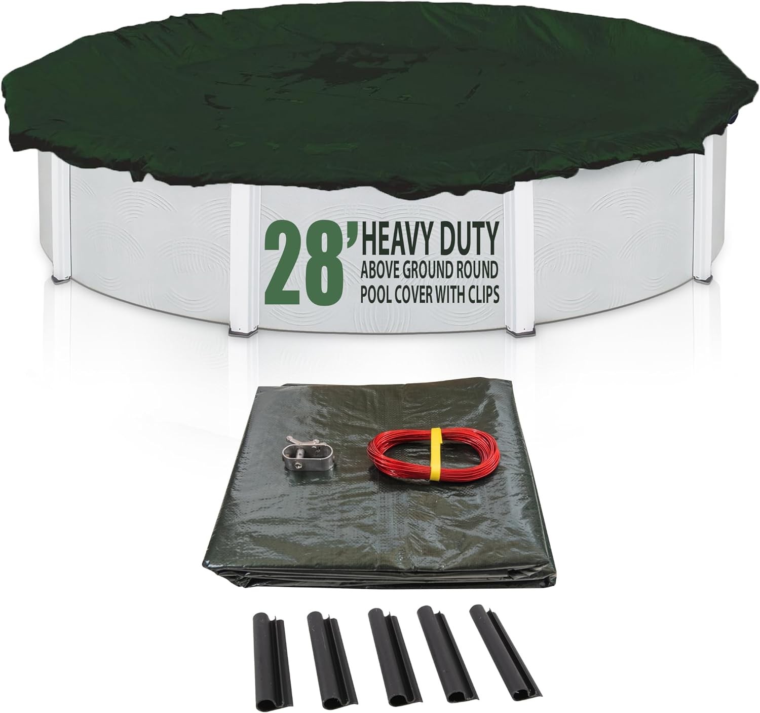 SET SunSolar Energy Technologies-  Heavy Duty series Above Ground Solid Pool Cover for 28 Foot Round Swimming Pool - Winter Pool Cover with Sturdy Cable and Winch 12-Yr warranty. Cover Clips Included.