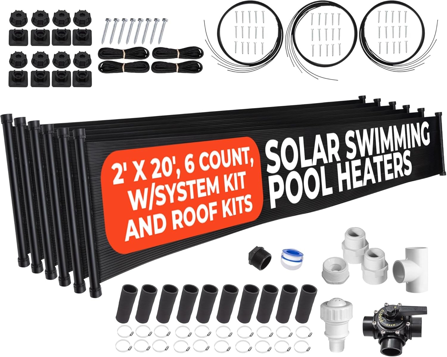 6-2X20' SunQuest Solar Swimming Pool Heater Complete System with Roof Kits